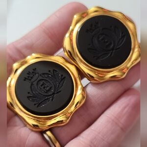 Vintage FENDI coture Designer Earrings Clip On 80's Crest Intaglio Glass Gold